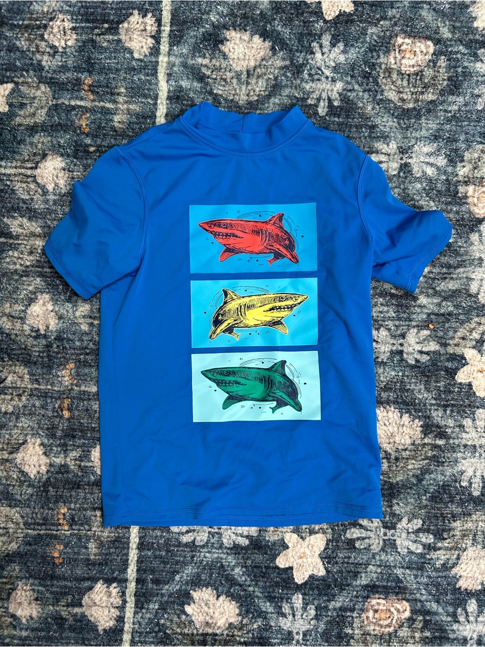 Lands' End Bright Blue Short Sleeve Rash Guard with Red and Teal Shark Accent